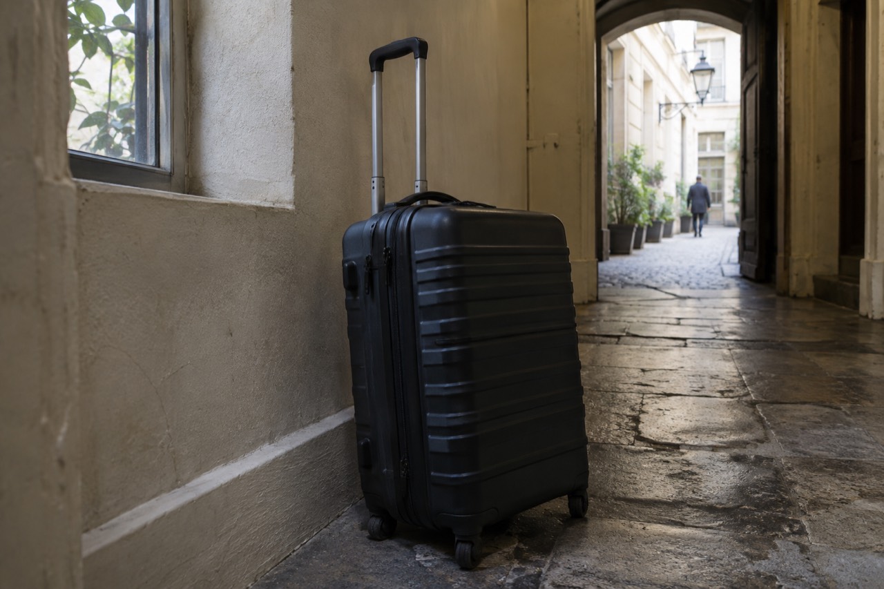 A quiet hotel corridor with a closed door to a luggage room and a suitcase parked against the wall