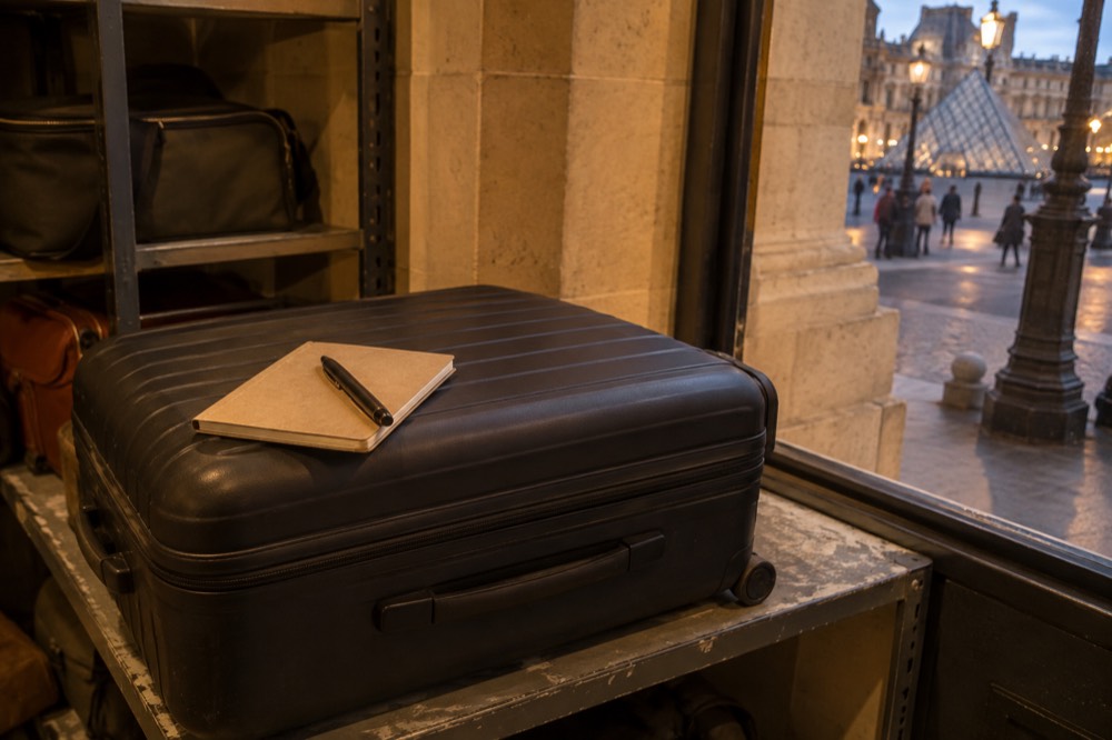 A small notebook and pen resting on top of a closed suitcase in a warmly lit room