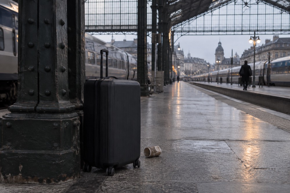 A suitcase standing alone beside a pillar on an empty station platform