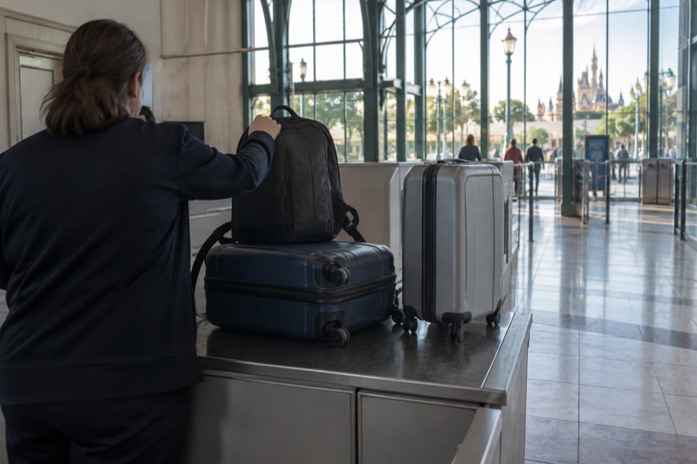 A staffed luggage storage counter beside a theme park entrance turnstile