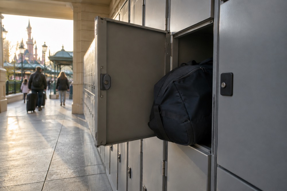 A row of coin and card operated storage lockers in a bright corridor