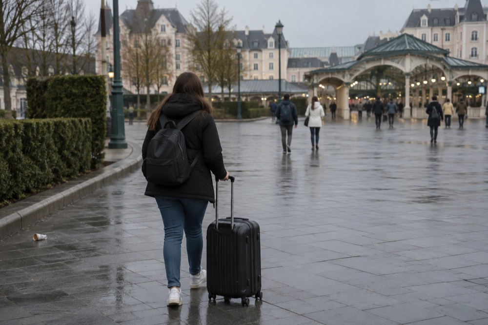 A traveller pulling a wheeled suitcase across a station concourse toward a platform