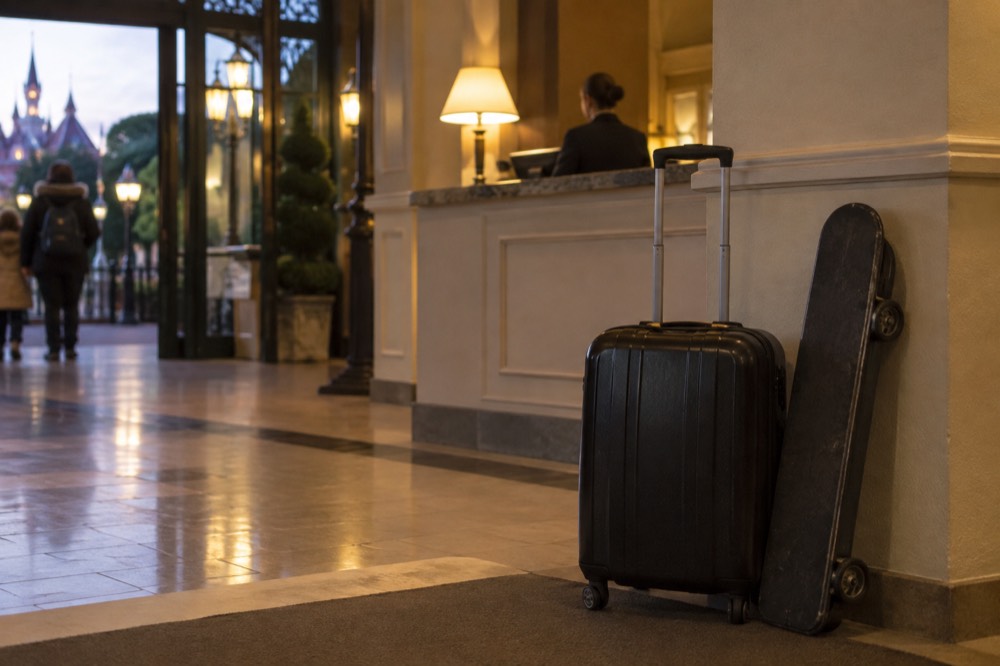 A hotel reception desk with a suitcase parked beside it in a lobby