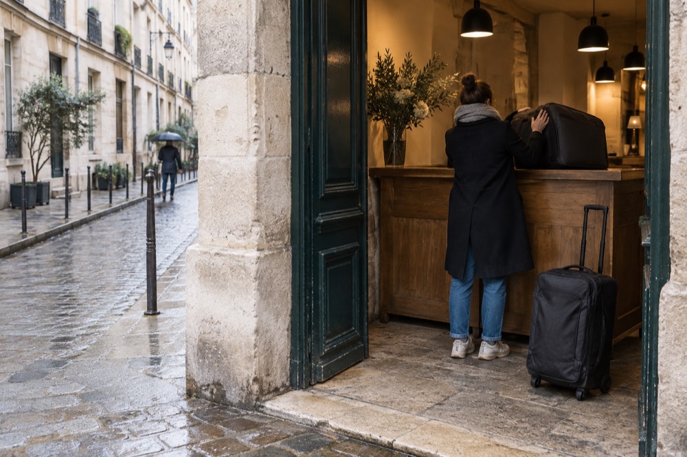 A traveller handing a suitcase over a counter in a small Paris shop