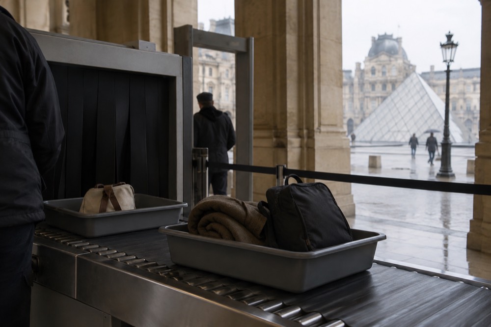 A museum entrance security gate with a small bag on the scanner belt