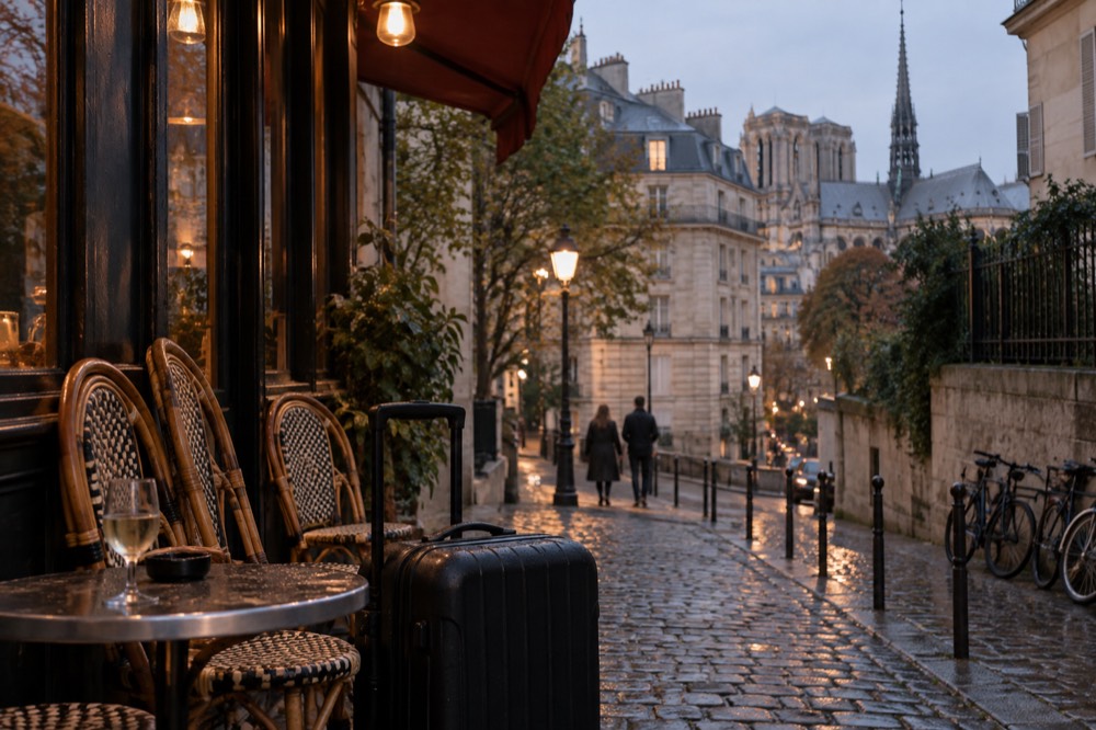 A suitcase waiting beside a café table on a Paris sidewalk