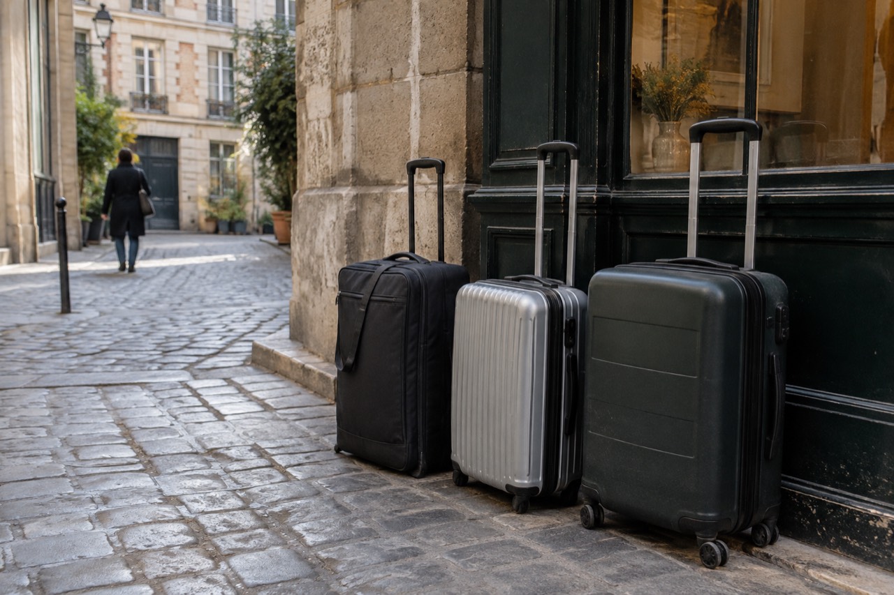 Suitcases lined up beside a shop counter in a Paris street