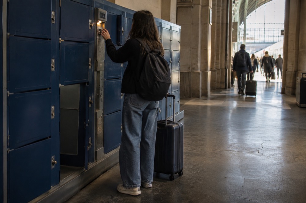 A row of blue SNCF automated lockers in a station corridor with a traveller inserting a coin.