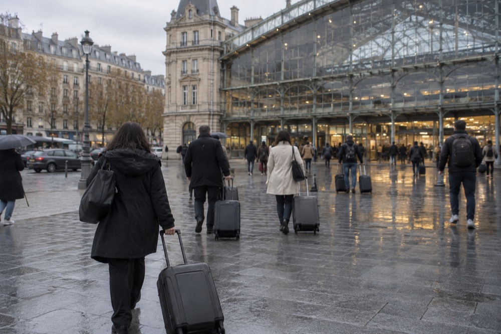 Gare Saint-Lazare’s glass-fronted main entrance with passengers pulling suitcases towards the street.