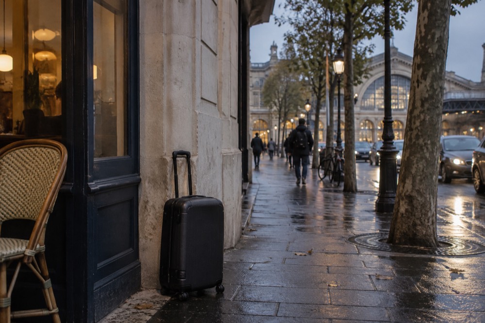 A suitcase on the pavement outside a small shop window on a Paris street near a station