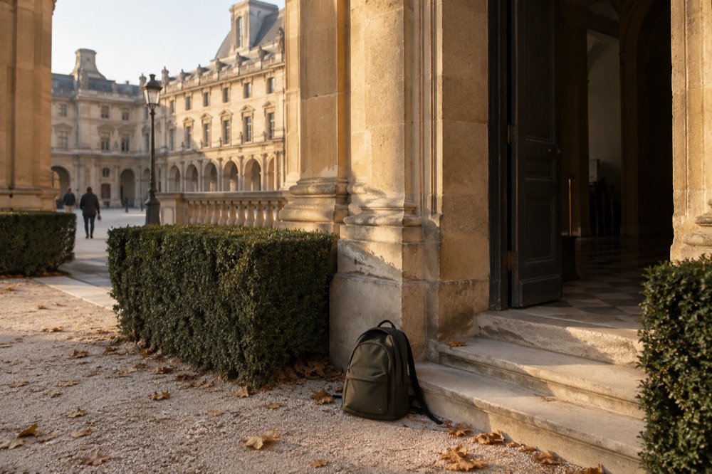 A stone museum entrance in Paris with a small daypack on the ground beside the doorway