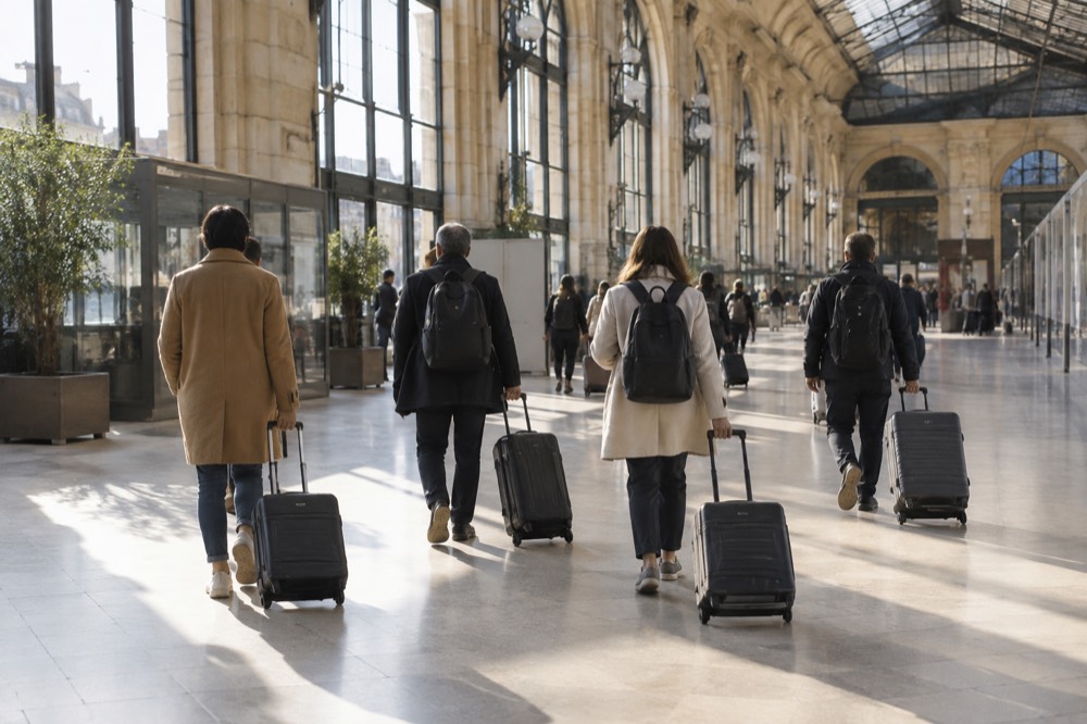 Travellers with suitcases walking through a Paris train station concourse