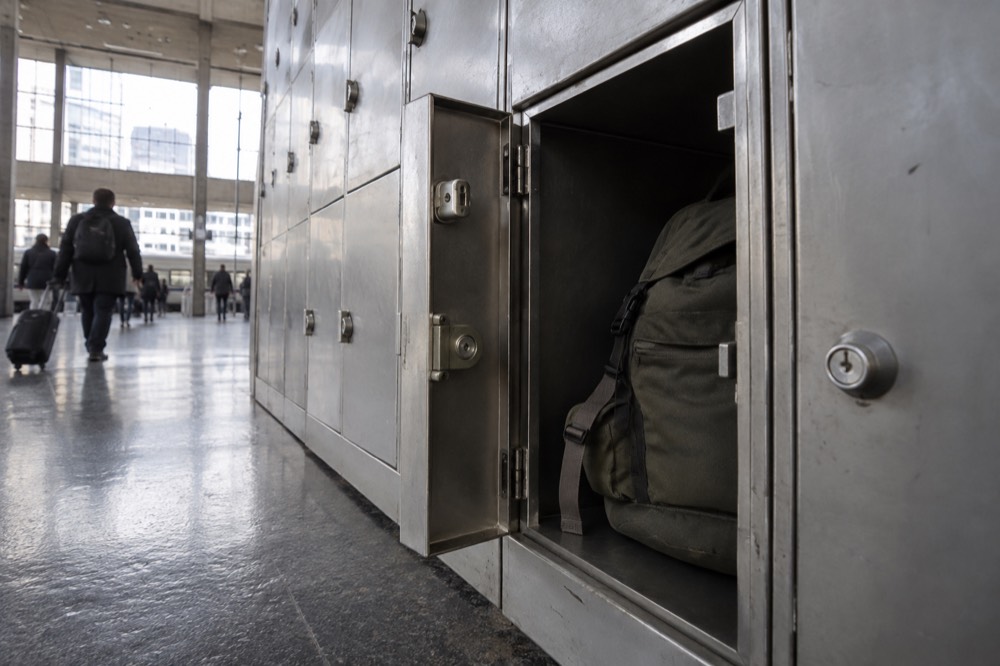 A row of self-service luggage lockers along a wall in a Paris railway station