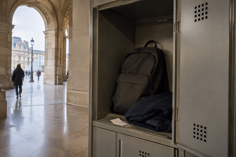 A small daypack and jacket inside a museum cloakroom locker in Paris