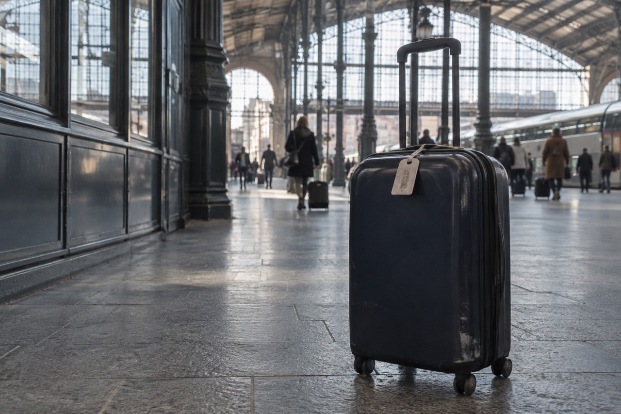 A suitcase standing in a Paris railway station concourse