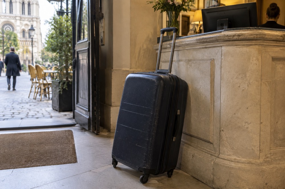 Hotel reception counter in Paris with a suitcase resting against the desk and a clerk's computer terminal