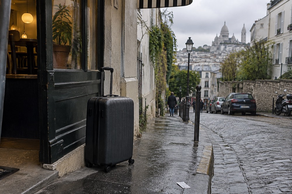 Suitcase standing on a Paris pavement outside a shop entrance with a striped awning