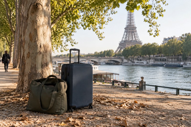 A suitcase and a tote bag left on a gravel riverside path in Paris with the Eiffel Tower in the distance, standing for the drop-off points near the Louvre, Notre-Dame and the central sights.