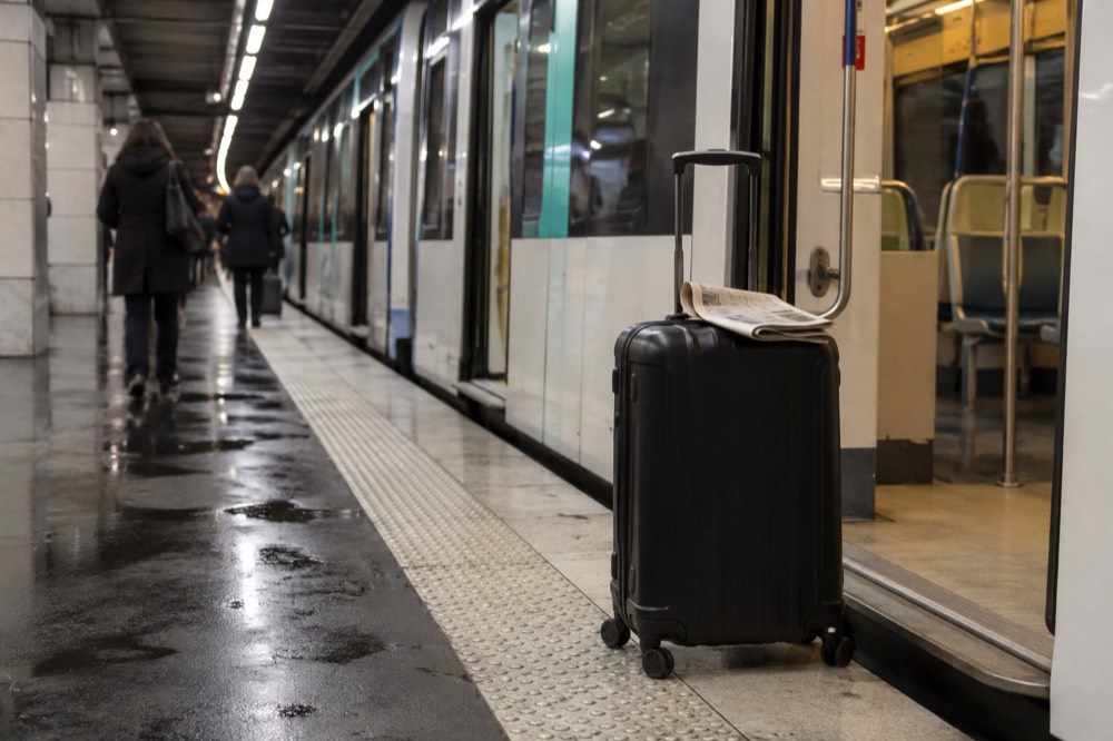 A suitcase waiting by the open doors of an RER train at an underground Paris platform