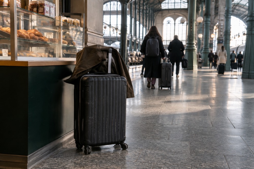 A suitcase standing beside a shop counter in a bright station-side interior