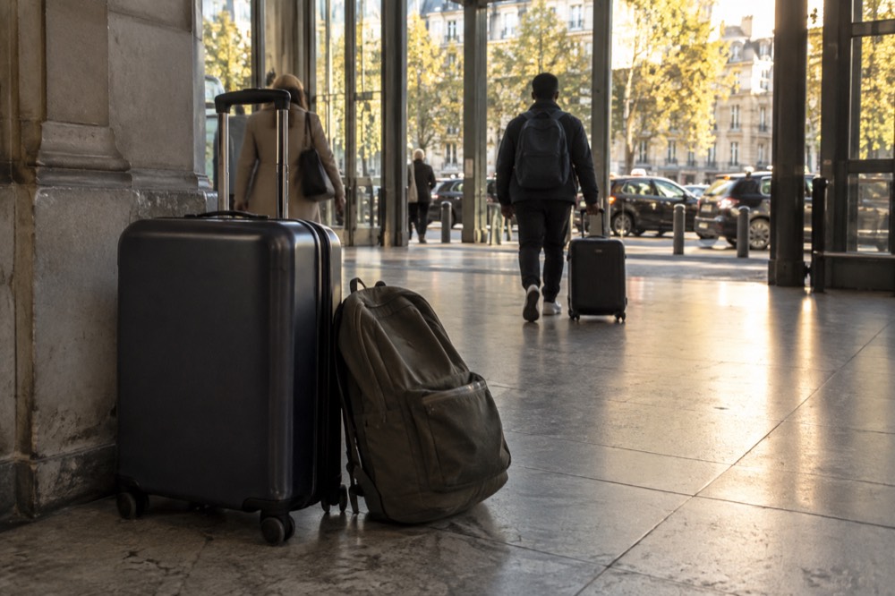 A suitcase and a rucksack resting together on the floor of a Paris station concourse