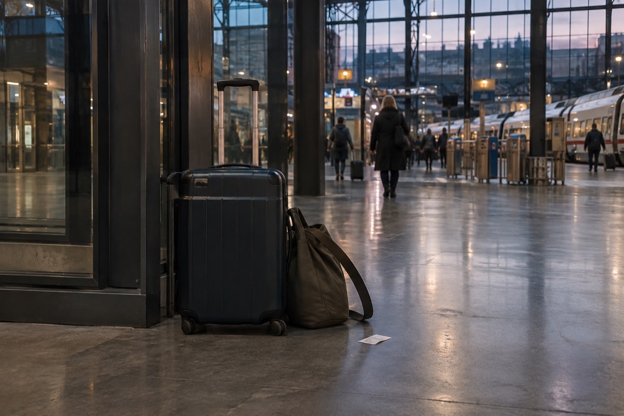 A wheeled suitcase and a shoulder bag standing on the tiled floor of a wide Paris station concourse