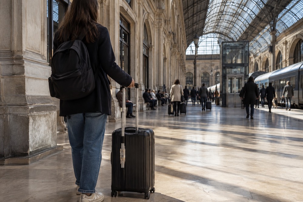 A traveller standing on a Paris station concourse beside a wheeled suitcase