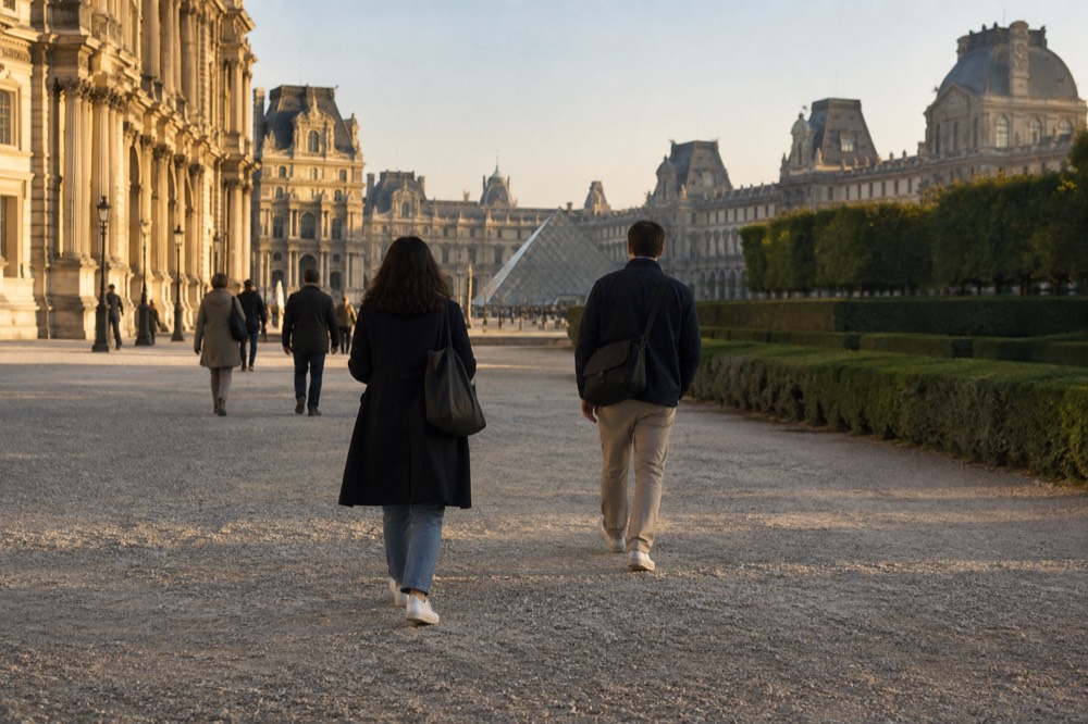A gilded palace courtyard with visitors carrying small day bags only