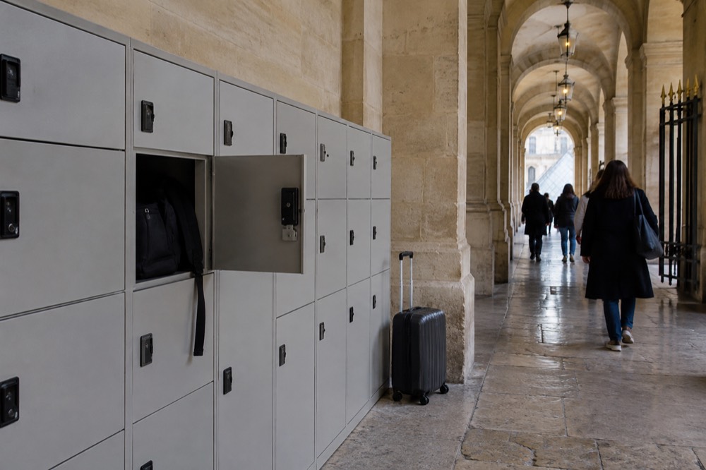 A row of self-service lockers along a stone corridor in a French monument