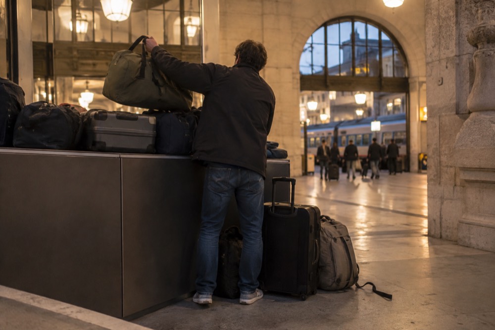 An evening station concourse with a traveller collecting a suitcase from a storage point