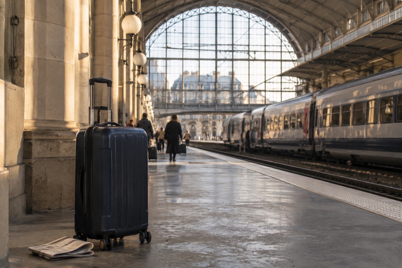A suitcase waiting on a Paris station platform in morning light