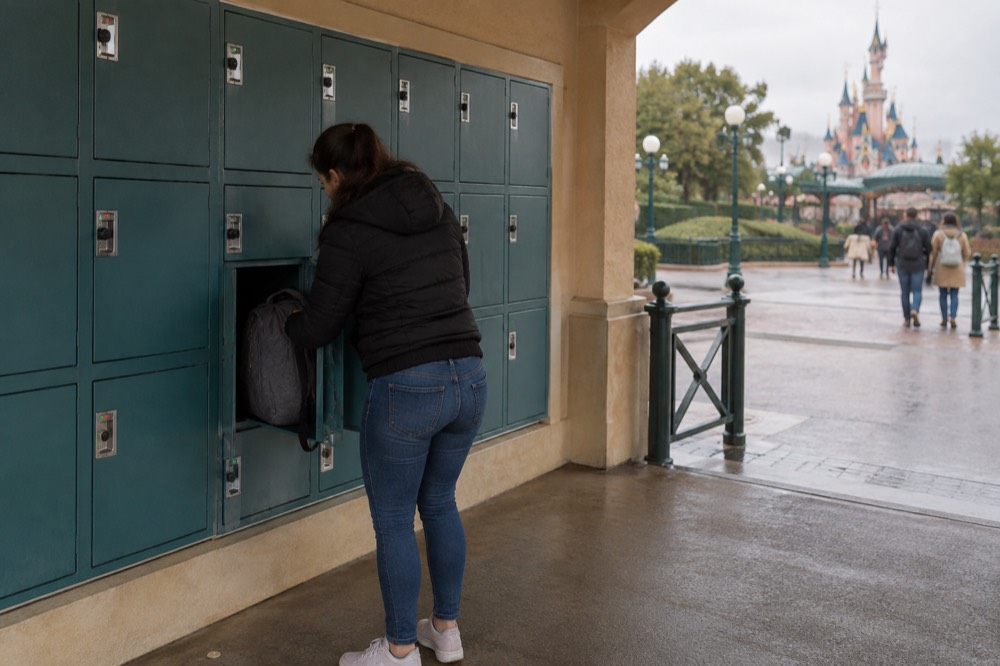 Row of coin and card lockers at a park entrance wall