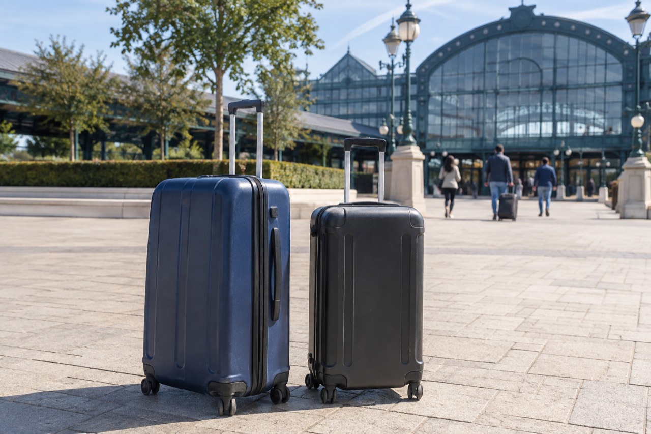 Suitcases standing on a station concourse near a theme park entrance east of Paris