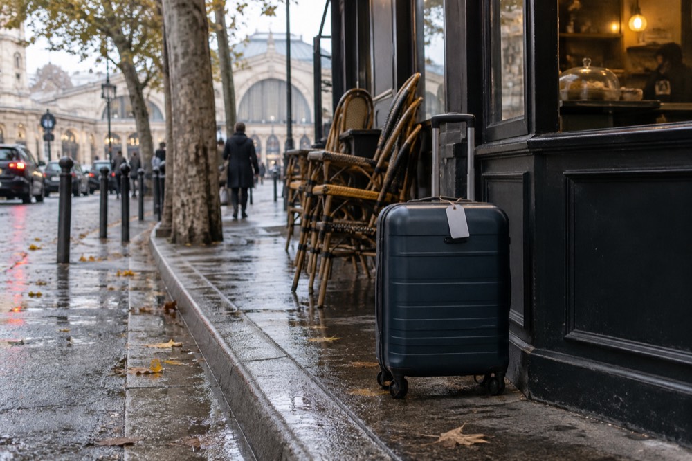 A tagged suitcase standing beside a cafe counter in a Paris street