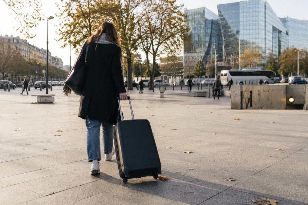 A wide boulevard near Porte Maillot with a suitcase being wheeled along the pavement