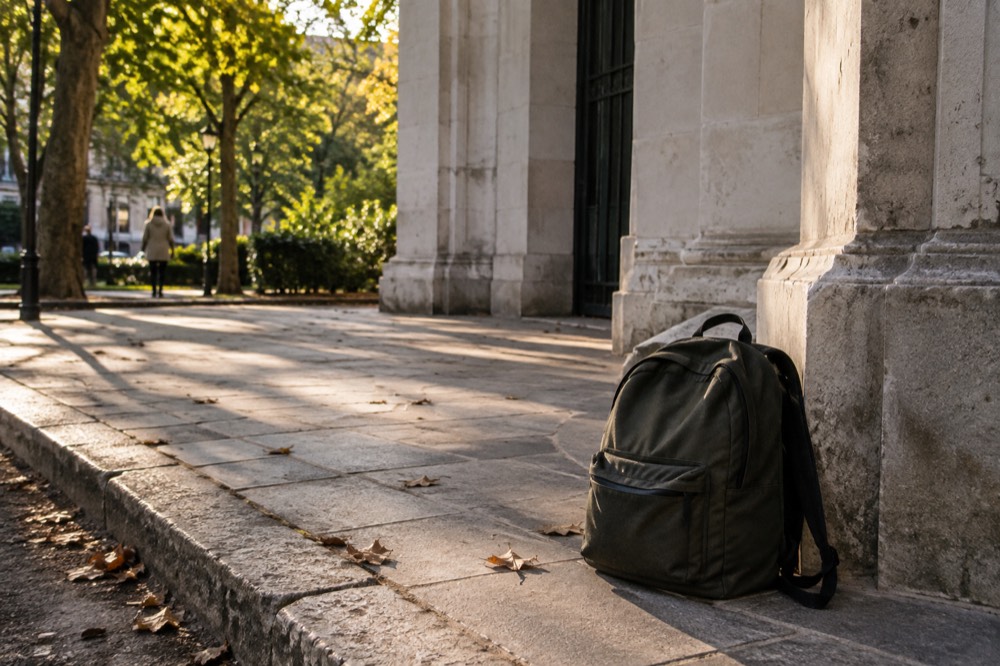 A small daypack on the pavement outside the narrow entrance pavilion of the Paris Catacombs