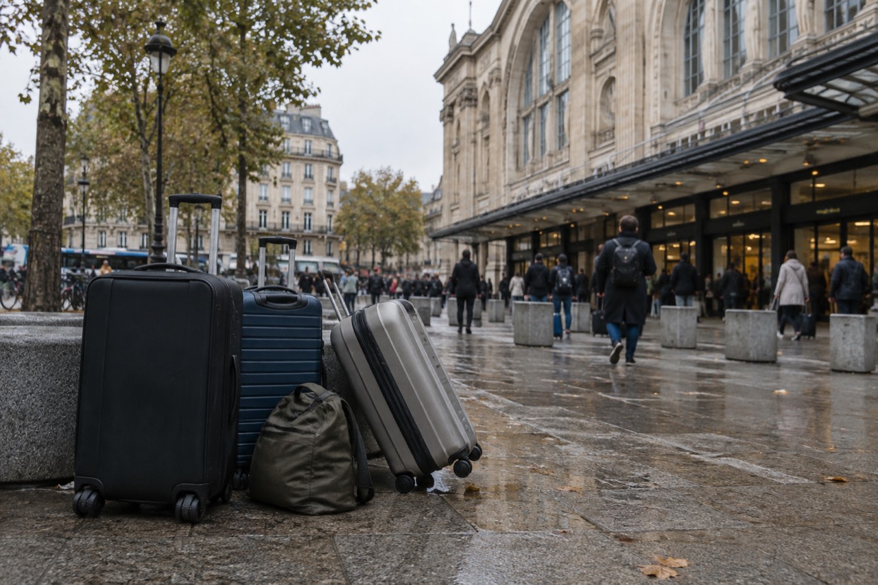 Suitcases on the forecourt outside the departures entrance at Gare du Nord in Paris