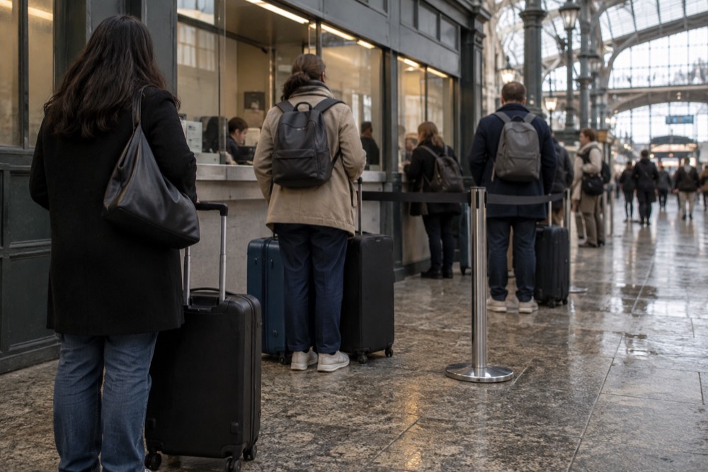 An airport left-luggage counter with a staffed desk, a queue barrier and wheeled suitcases waiting beside it