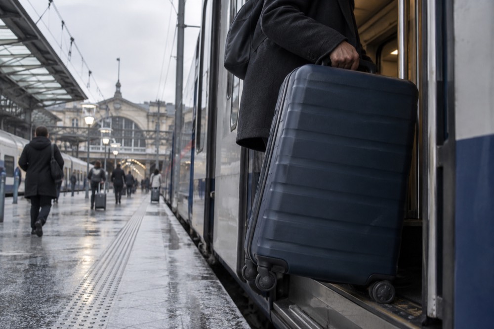 A commuter rail platform at an airport station with a traveller boarding a train while pulling a large wheeled suitcase