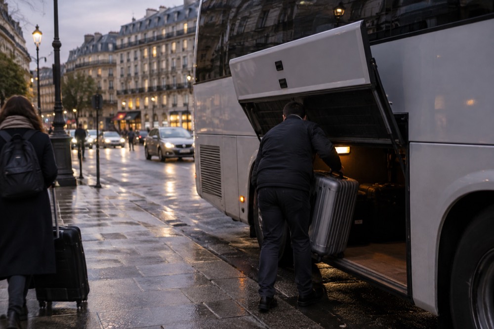A city bus stop bay with an airport express coach at the kerb and a traveller loading a suitcase into the hold