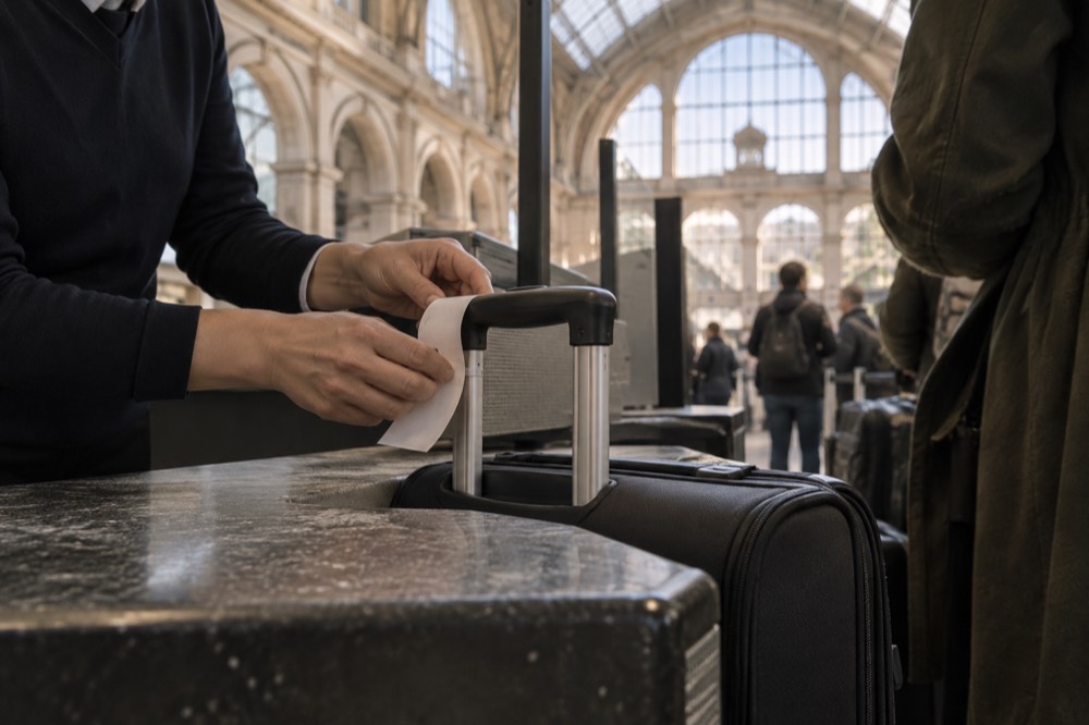 A close view of a suitcase being handed across a counter with a paper tag being attached to the handle