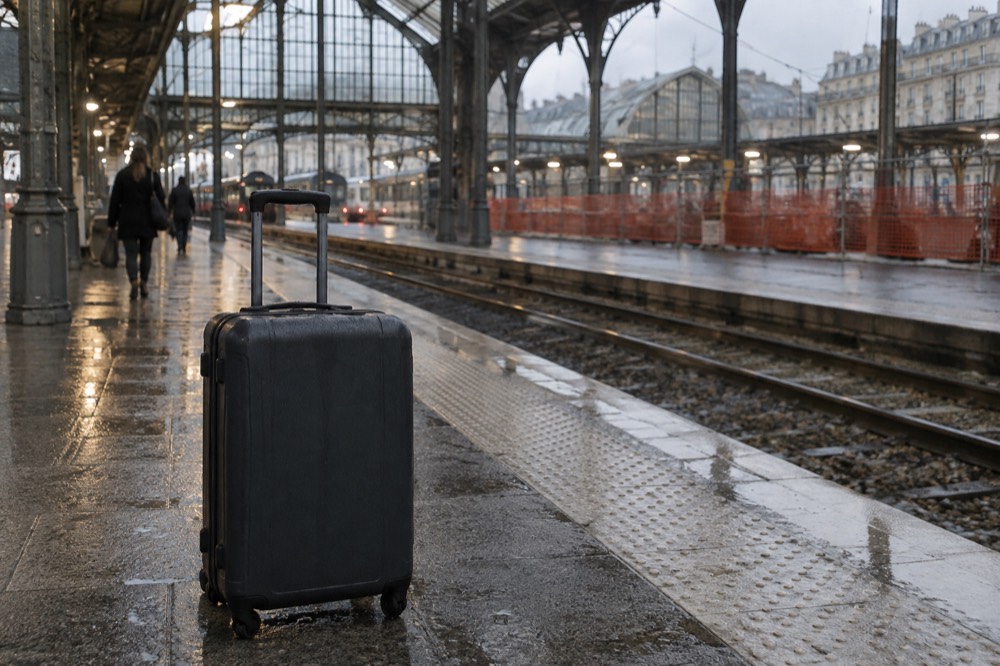 A suitcase on a Paris station platform with rail works fenced off on the far track