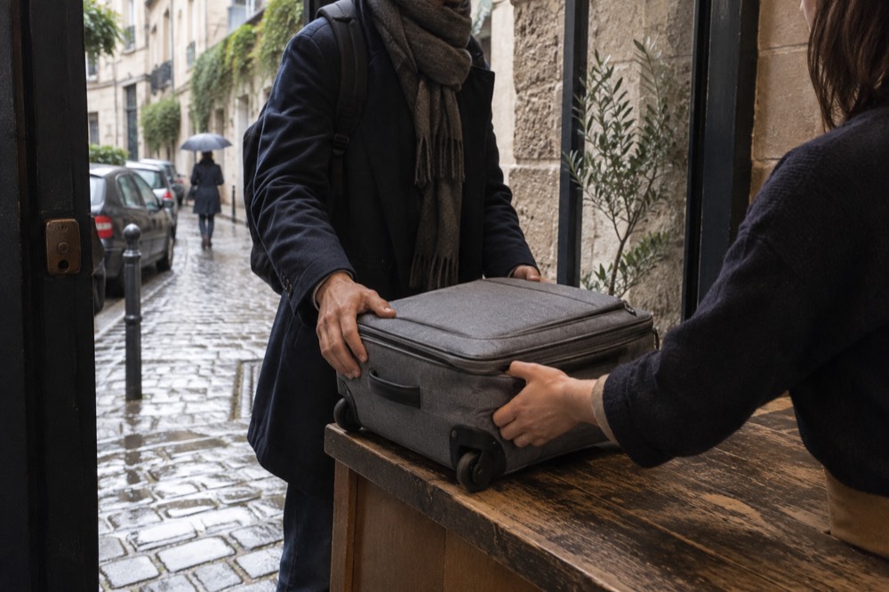 A traveller handing a suitcase across a shop counter in Paris
