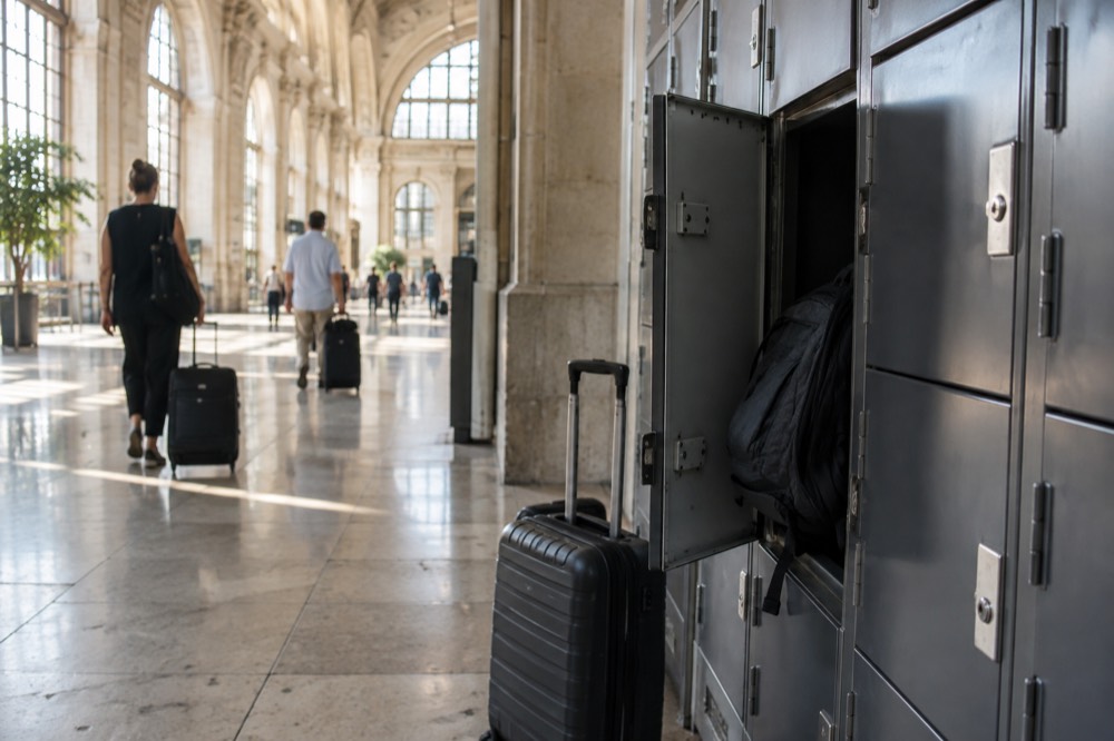 A row of self-service lockers in a Paris railway station corridor