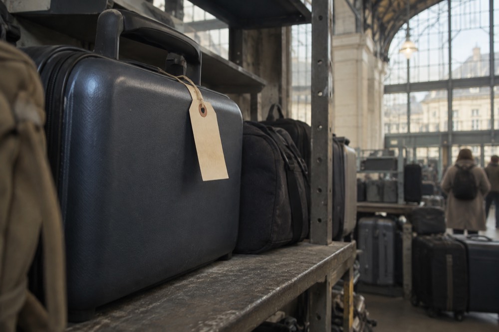 A plain paper tag being looped around the handle of a suitcase in a Paris storage room
