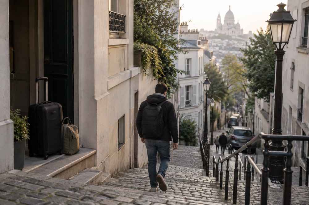 A traveller walking away from a bag drop point with an empty hands and a daypack