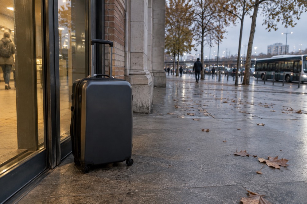 A Paris street corner with a small shop entrance and a suitcase leaning by the door