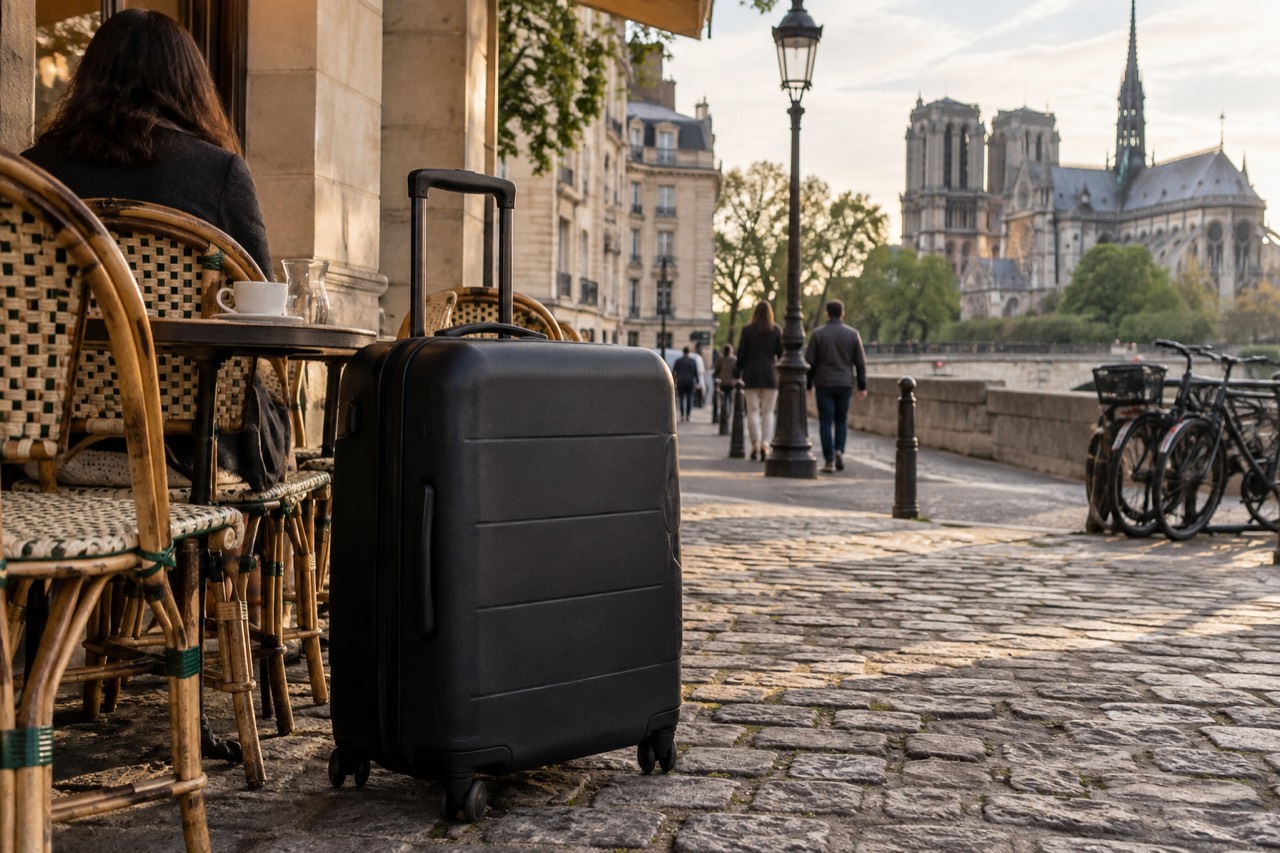 A closed suitcase standing beside a café counter in a Paris street