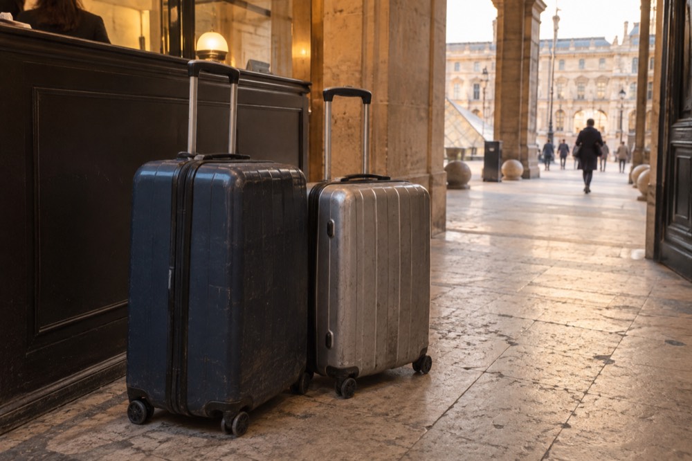 A hotel reception desk in Paris with suitcases parked beside the counter