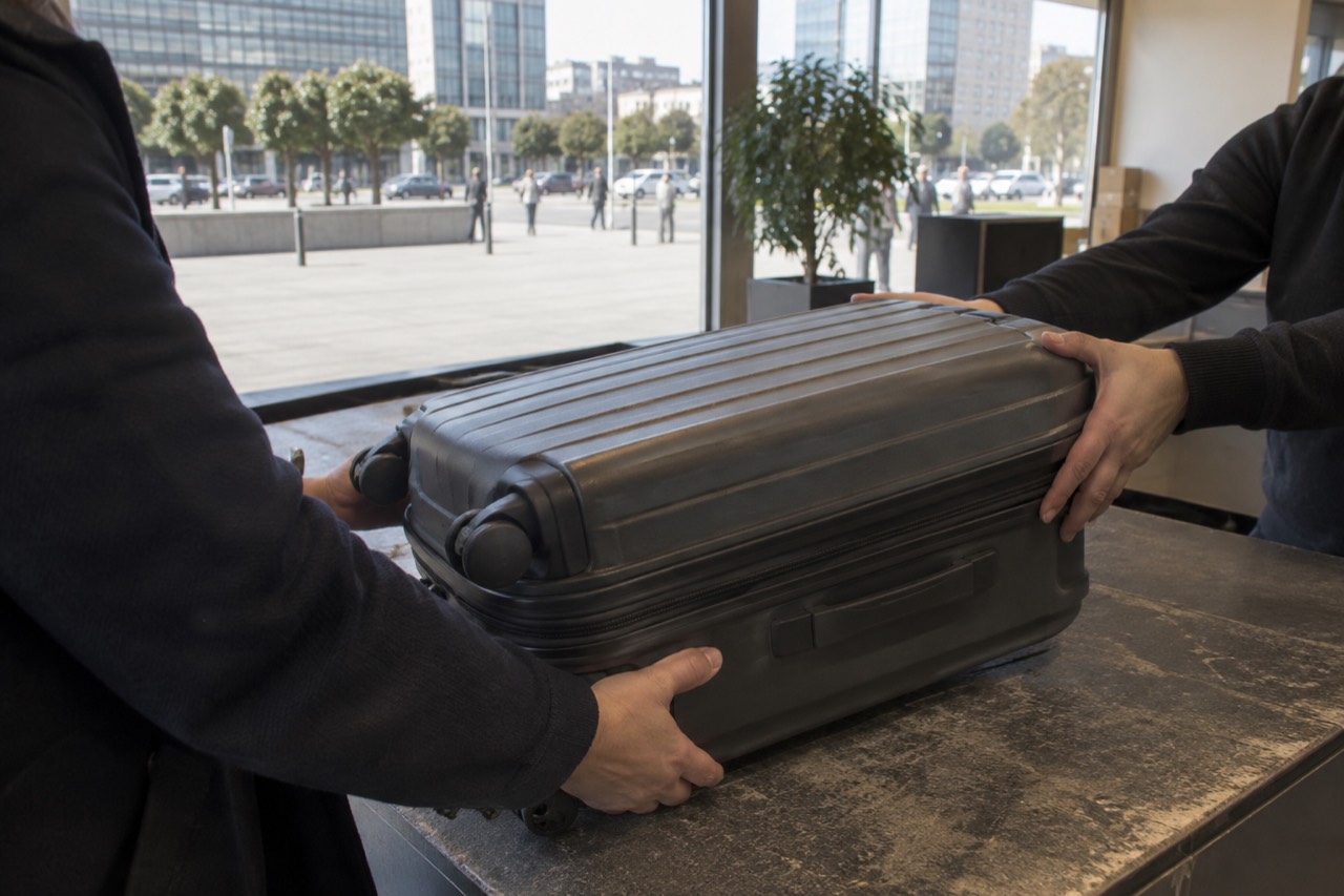 A shop counter in Paris with a suitcase being handed over for storage
